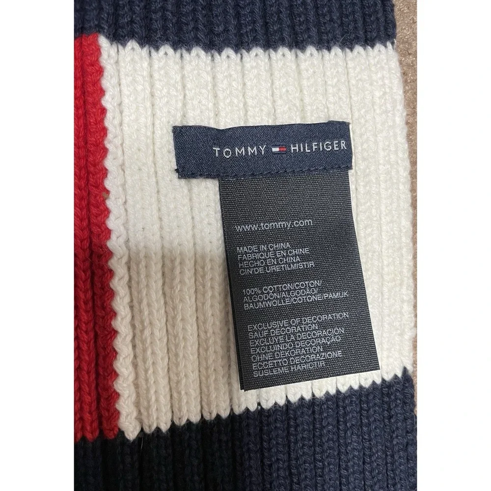 Tommy Hilfiger Flag Logo Ribbed-Knit Scarf Navy 100%‎ Cotton Preppy